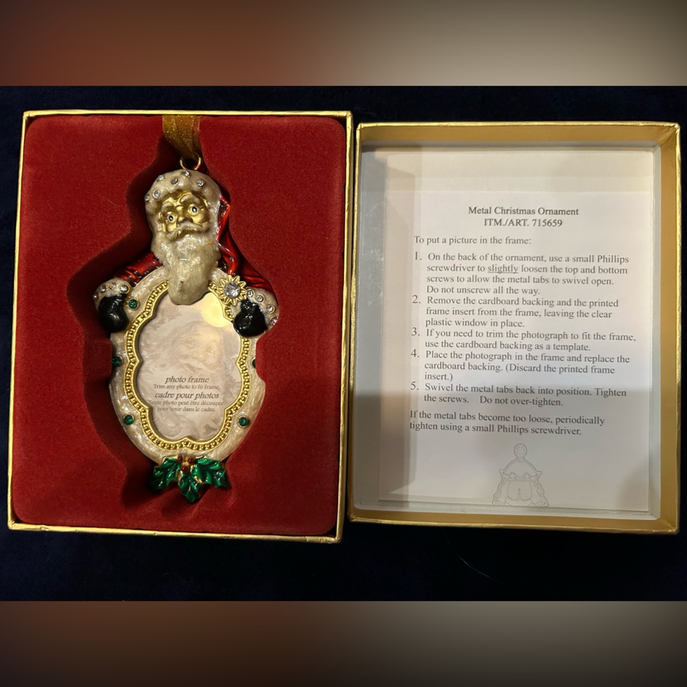 Costco Christmas Enameled Glass Stone Embellished Santa Frame Ornament NIB